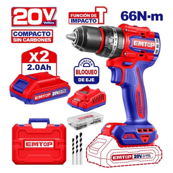 TALADRO PERCUTOR INALÁMBRICO 20V - 66NM KI CARGADOR +2 BAT   ULCIDL20668