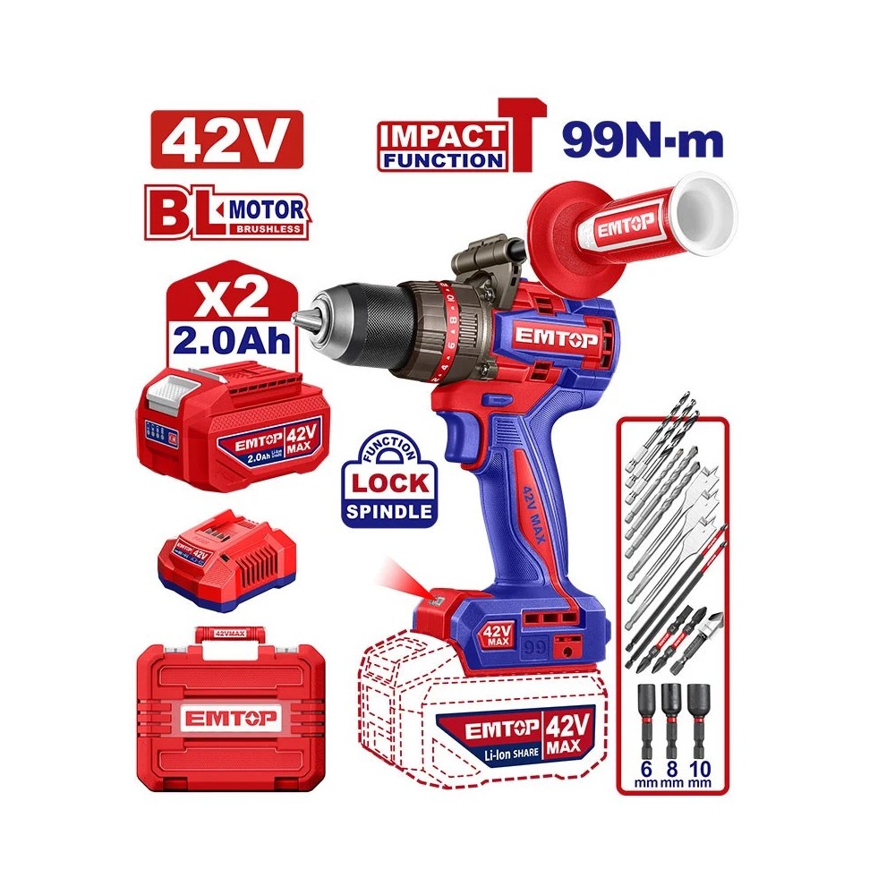 TALADRO DE IMPACTO INALÁMBRICO 42V, BRUSHLESS, MANDRIL METÁLICO 1/2", TORQUE 99 NM - EMTOP ULCIDL429982