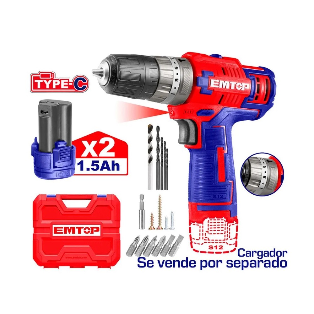 TALADRO INALÁMBRICO PERCUTOR ATORNILLADOR/DESTORNILLADOR 3/8" 12V + 16 ACCESORIOS - EMTOP  KECDL12620