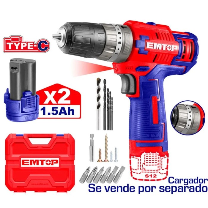 TALADRO INALÁMBRICO PERCUTOR ATORNILLADOR/DESTORNILLADOR 3/8" 12V + 16 ACCESORIOS - EMTOP  KECDL12620