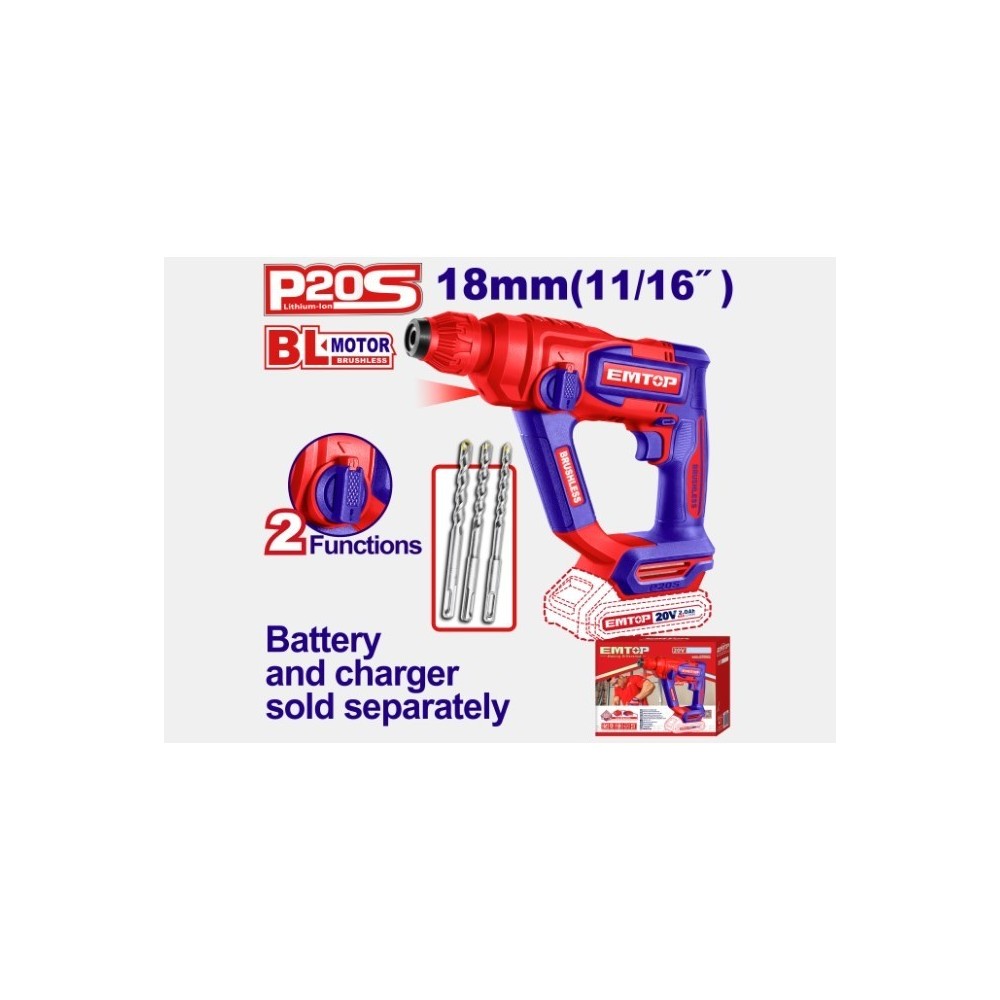 MARTILLO ROTATIVO INALÁMBRICO SDS PLUS SIN ESCOBILLAS 20V (SOLO HERRAMIENTA) ELRH20188