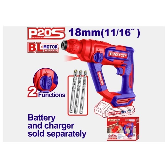 MARTILLO ROTATIVO INALÁMBRICO SDS PLUS SIN ESCOBILLAS 20V (SOLO HERRAMIENTA) ELRH20188