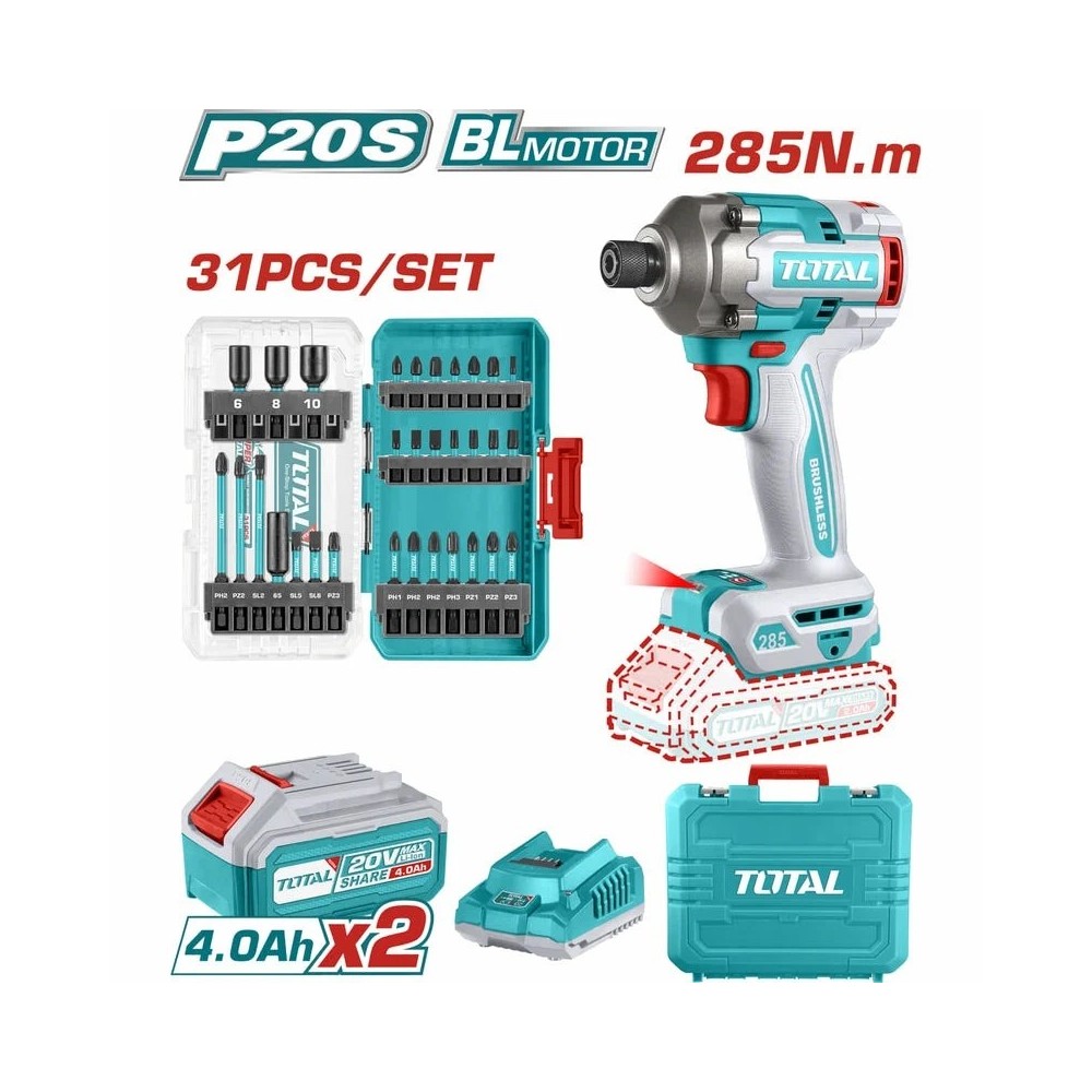 ATORNILLADOR DE IMPACTO 1/4" 20V 285NM + JGO. PUNTAS 31PZS + 2 BAT. 4.0AH Y CARGADOR UTOSLI240966