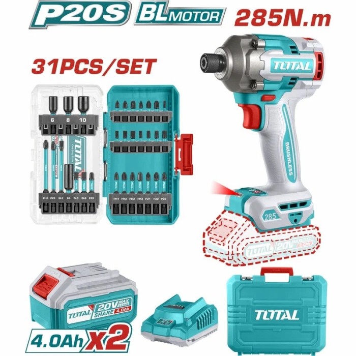 ATORNILLADOR DE IMPACTO 1/4" 20V 285NM + JGO. PUNTAS 31PZS + 2 BAT. 4.0AH Y CARGADOR UTOSLI240966