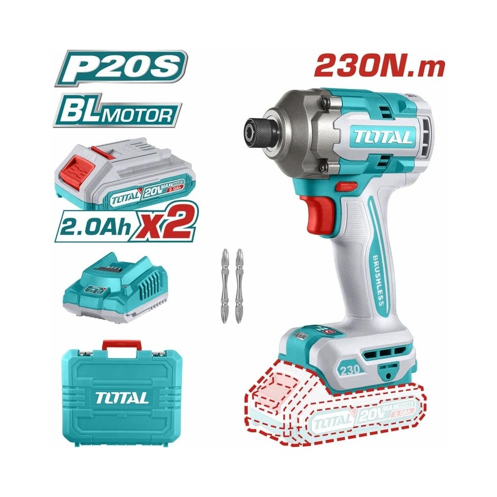 ATORNILLADOR IMPACTO 1/4" 20V 230NM + 2 BAT. Y 2 PUNTAS TALADRO INDUSTRIAL SUPER TOTAL (UTIRLI2023)